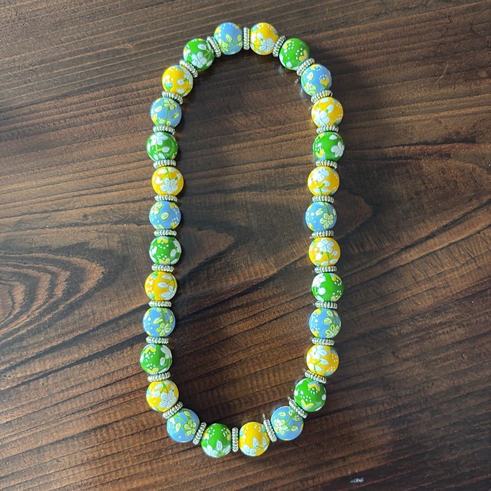 Gorgeous Angela Moore necklace w/ blue, green, yellow floral hand painted beads